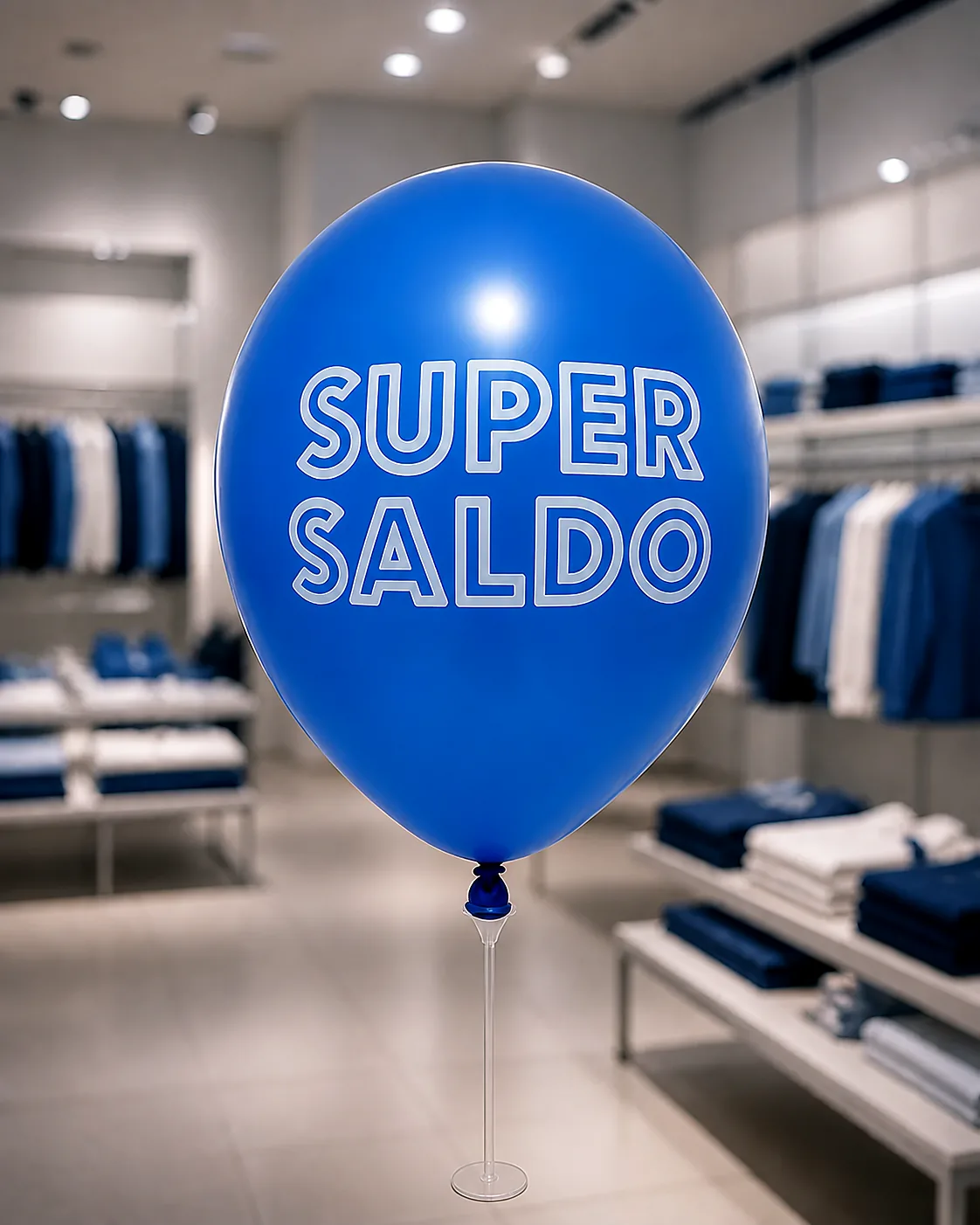 Balão azul de látex personalizado Super Saldo sustentado por vareta transparente em loja de varejo