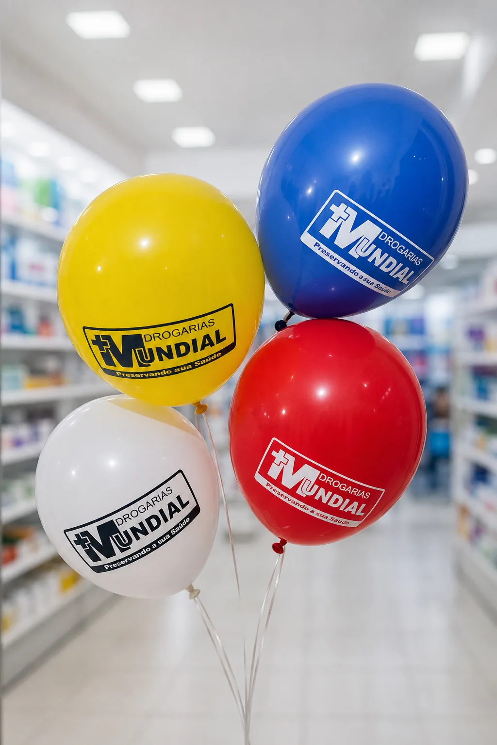 Balões promocionais em quatro cores para rede de farmácias