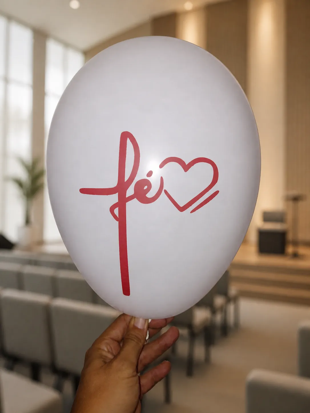 Balão branco personalizado com mensagem de fé para igreja evangélica