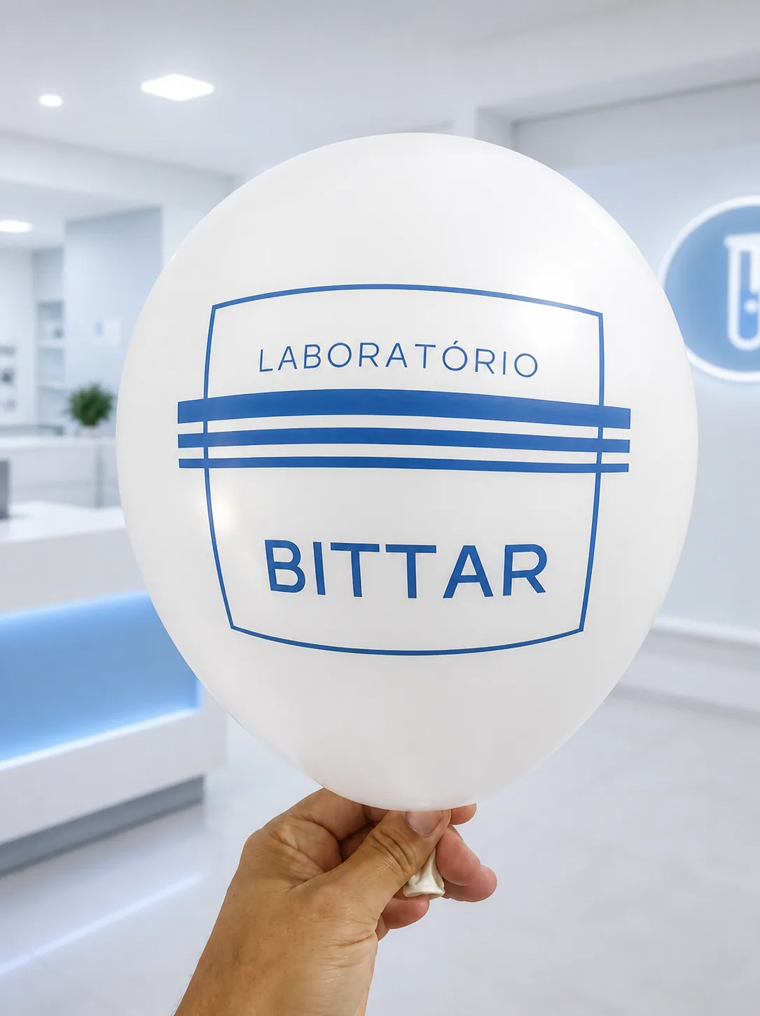 Balão branco personalizado em azul para Laboratório Bittar