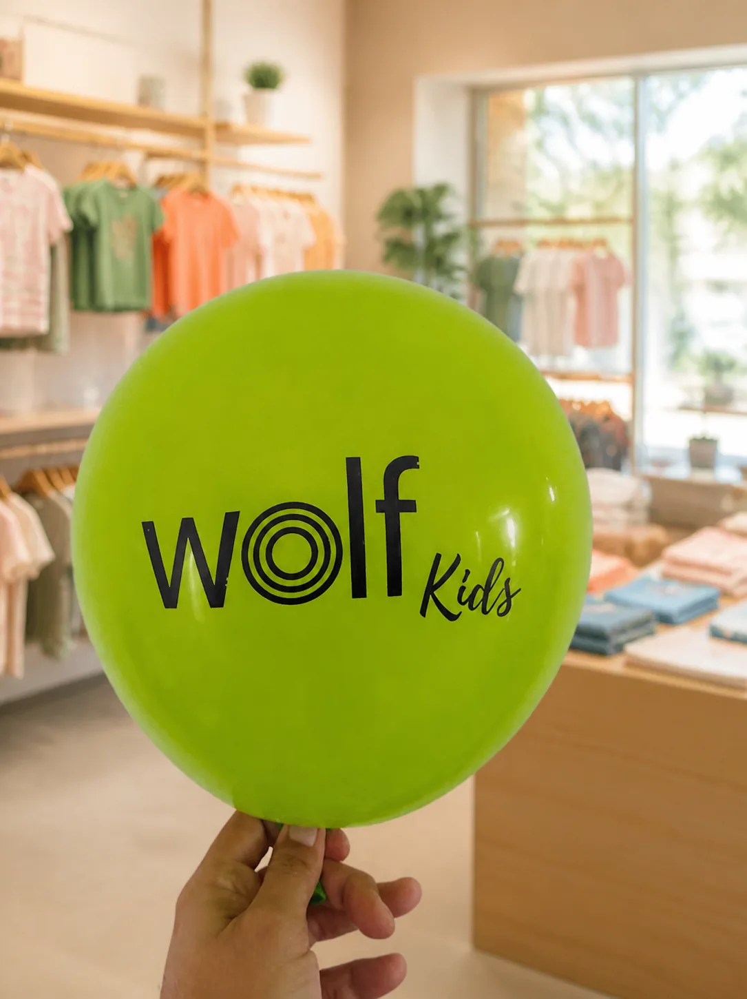 Balão verde personalizado para loja infantil Wolf Kids