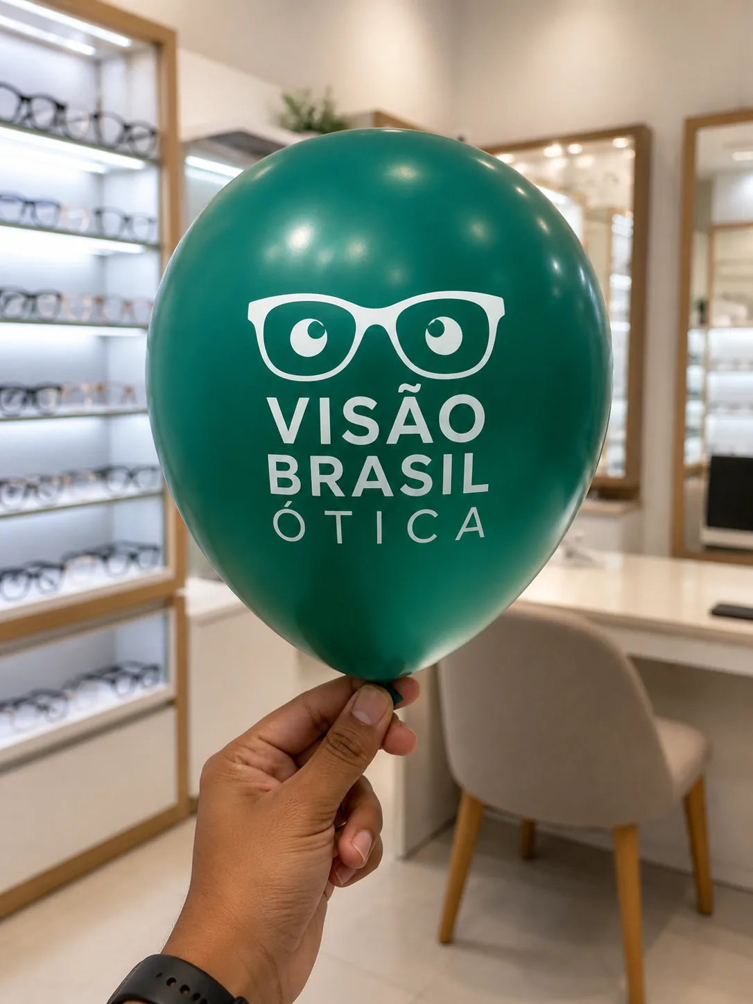 Imagem ilustrativa de balão verde para ótica com marca fictícia