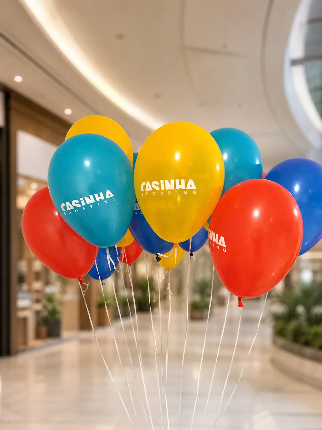 Buquê colorido de balões personalizados para campanha em shopping